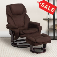 Flash Furniture Contemporary Brown Microfiber Recliner and Ottoman with Swiveling Mahogany Wood Base BT-70222-MIC-FLAIR-GG